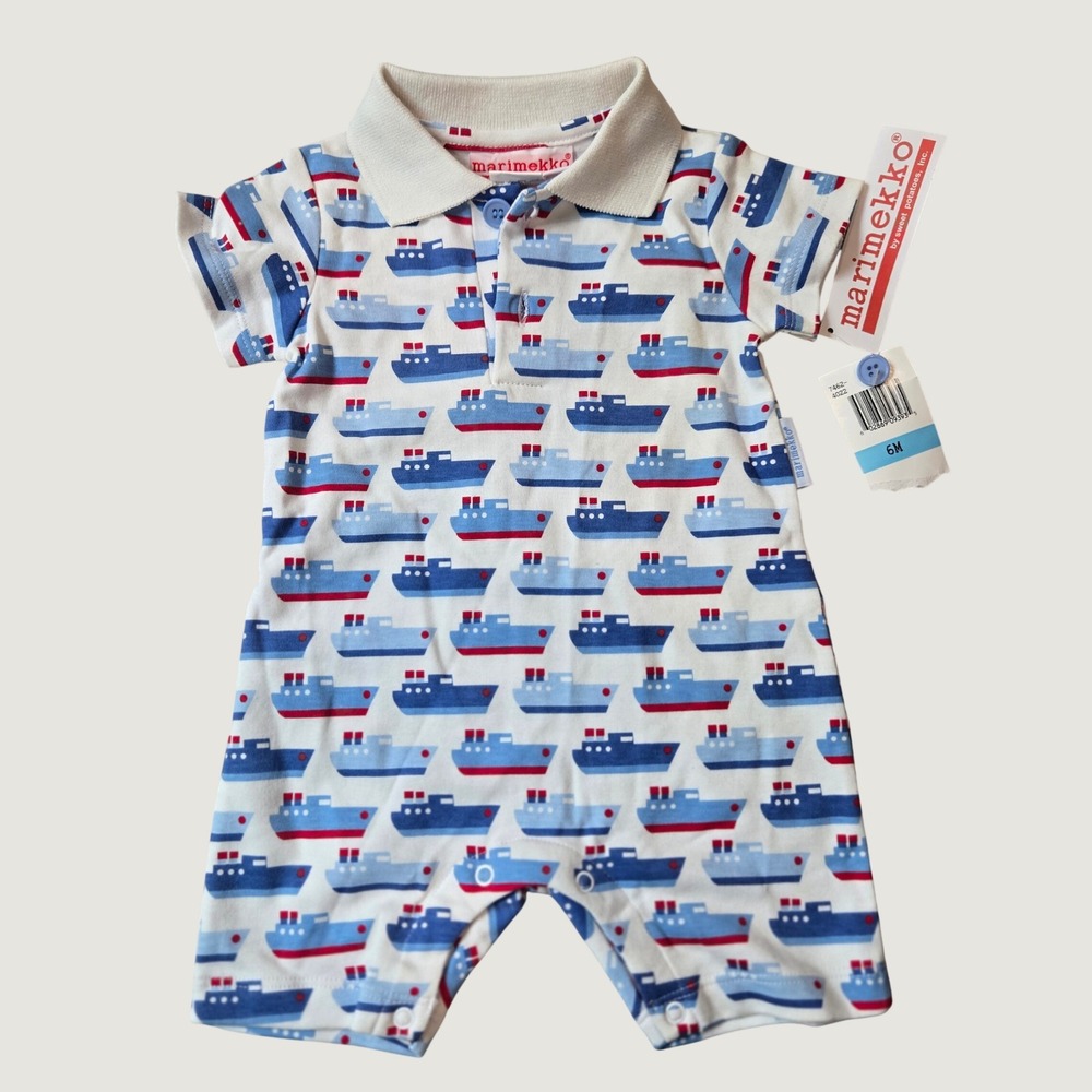 Vintage Marimekko by Sweet Potatoes Baby Boys Blue Tugboat Ship Romper 6M NWT